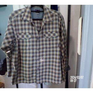 Patagonia Men Organic Cotton  Fjord Plaid Brown Black Gray Flannel Shirt Size M